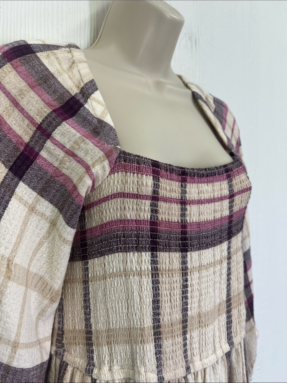 Marine Layer - Ivy Plaid Smocked Long Sleeve Square Neck Tiered Midi Dress Small - Picture 4 of 12